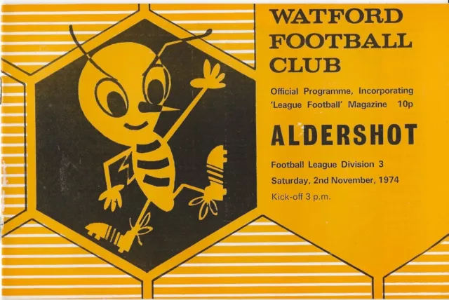 1974/75 Watford v Aldershot Division 3 Programme - Excellent Condition