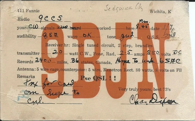 Vintage Ham Radio Qsl Cards 1923  9 Bjn   Wichita, Ks.