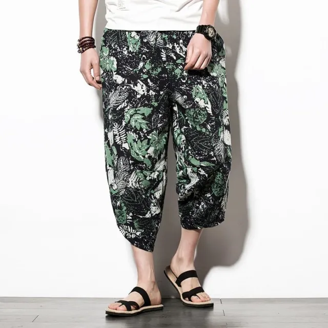 Japanese Casual Summer Linen Cropped Pants Mens Printed Baggy Harem Trousers 5XL