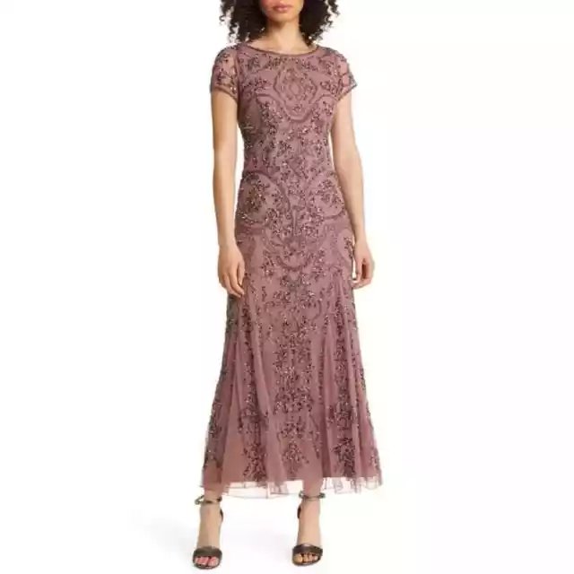 Pisarro Nights Beaded Mesh Midi Mauve Formal Cocktail Dress Size 4 NWT