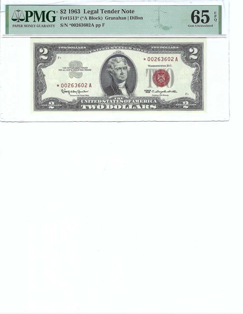 1963 $2 Legal Tender FR1513* PMG 65 Gem UNC EPQ, Star Note!!!