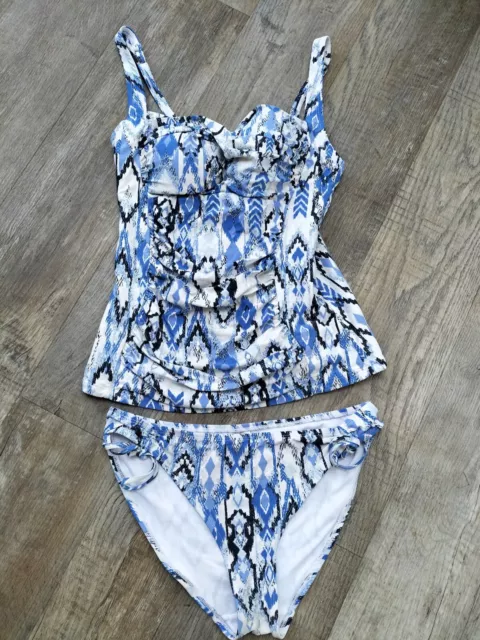 M&S Blue & White Print Padded Cup Tummy Control Tankini & Bikini Bottoms Size 12