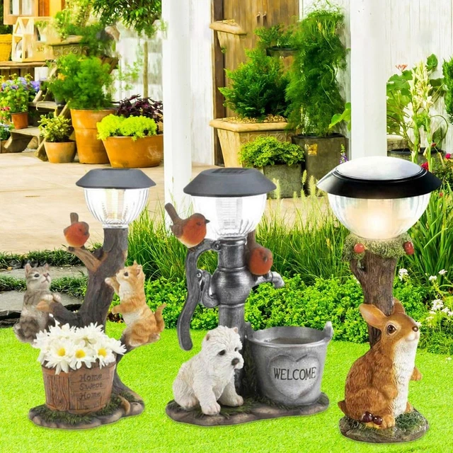 Solar Animal Figurine with Water Well and Birds for Garden and Lawn Decoration