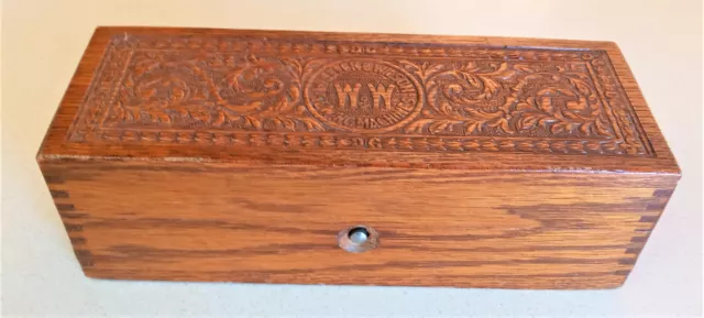 Vintage Wheeler & Wilson Sewing Wooden Solid Oak Dovetailed Box Carved Lid  NICE