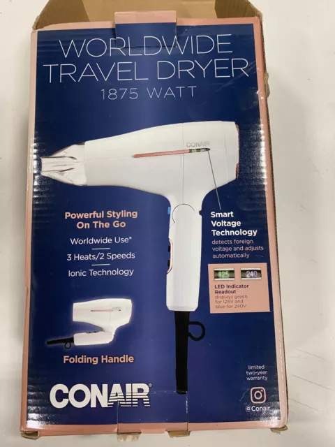 Conair Worldwide Travel Hair Dryer 1875 Watt Folding Handle 3 Heats / 2 Speeds