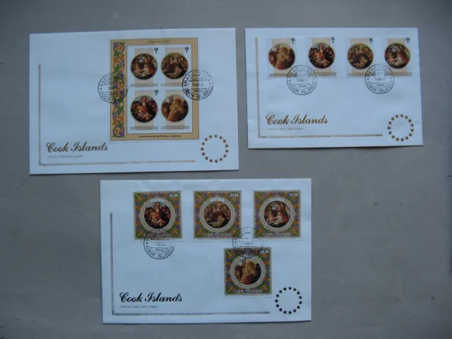 COOK ISLANDS, 3x cover FDC 1985, set + 2x S/S Christmas paintings Botticelli