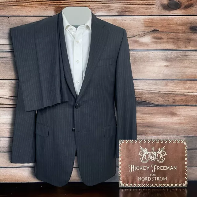 Hickey Freeman 2 Piece Suit Mens 40R 33x30 Gray Blue Stripe Modern