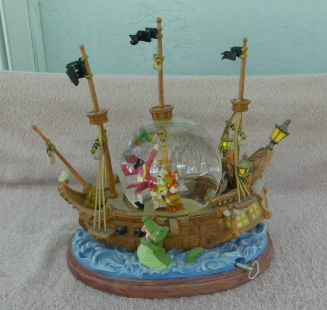 Disney Peter Pan Pirate Ship Captain Hook Musical Snow Globe, Works!