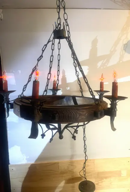 Antique Mission Arts Crafts Gothic Medieval Wood Wrought Iron Chandelier Light