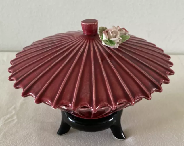Relco Creations Ceramic Footed Candy Dish w/ Lid Funky Retro Vintage Maroon
