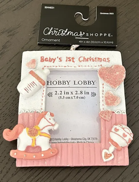 NWT Babys first Christmas bottle rocking horse pink white frame ornament