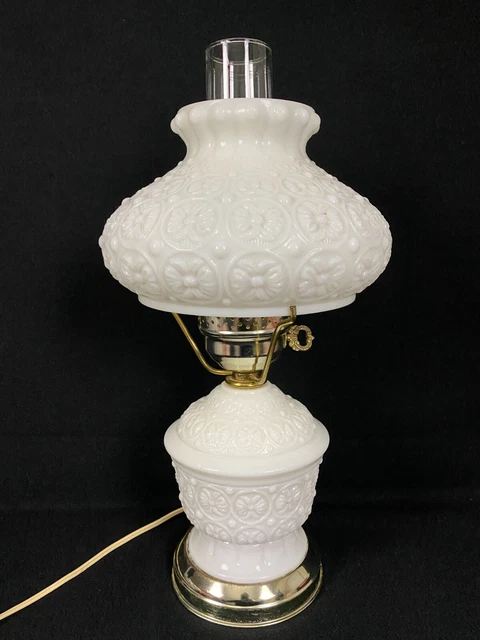 Vintage Milk Glass 3 Way Hurricane Parlor Lamp Floral Design 17" Tall