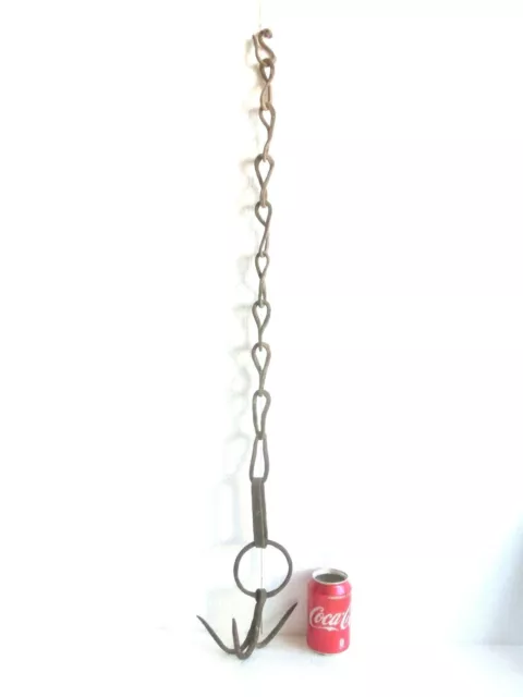 1800's ANTIQUE wrought iron trammel chain pot triple hook ring great wall decor*
