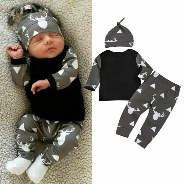 Newborn Baby Boy 3pcs Clothes Outfits Shirt Tops Pants Hat Infant Bodysuit Set