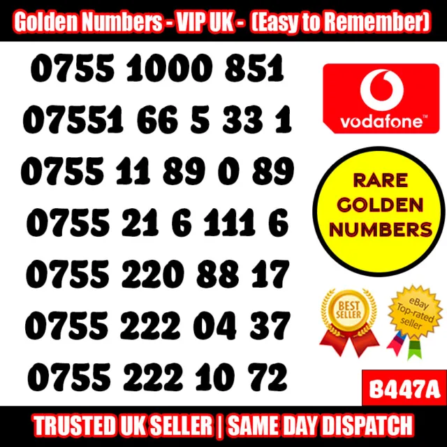 Golden Numbers VIP UK SIM - Easy to Remember Vodafone Numbers LOT - B447A