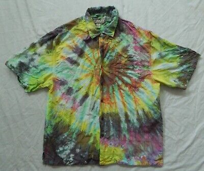 Silk Rainbow Black Tie Dye Short Sleeve Button Up Shirt - Large Mens Hand Made