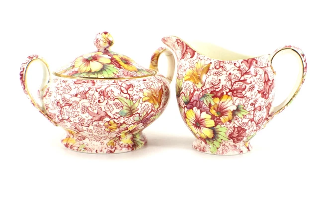 Royal Winton Grimwades Dorset CREAM and COVERED SUGAR Red Chintz Floral Vintage