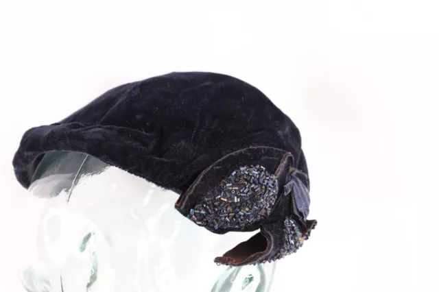 Vintage 30s 40s Rockabilly Distressed Sequined Corduroy Calot Juliet Hat Cap 22