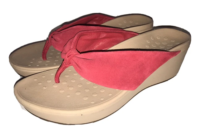 Vionic Arabella Women Shoes Red Leather Suede Thong Wedge Sandals Size 10