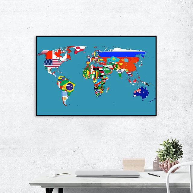 MAP OF THE WORLD POLITICAL MAP WITH NATION FLAGS POSTER PRINT 36*24in