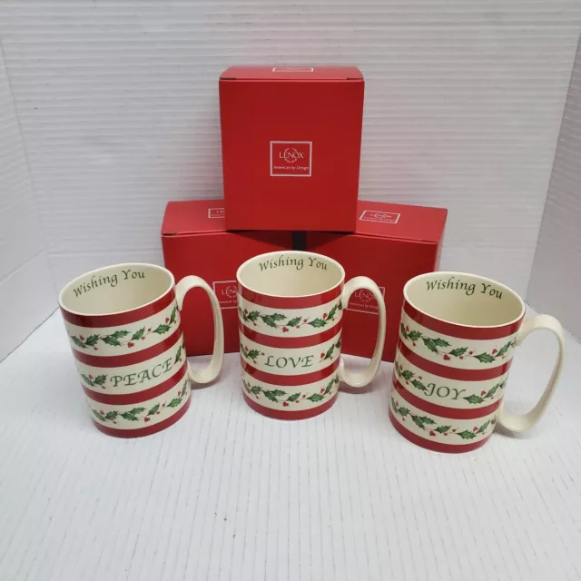 LENOX HOLIDAY WISHES MUGS in box (Set Of 3) Wishing You Peace Love Joy