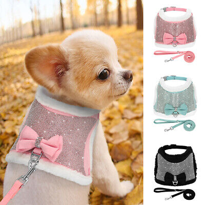 Small Dogs Bling Suede Harness Diamante Vest Warm Fleece Padded for Puppy Cat