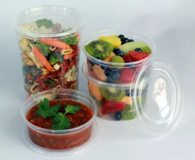 Round Food Containers Plastic Clear Storage Tubs with Lids Deli Pots Sauce Dip 2