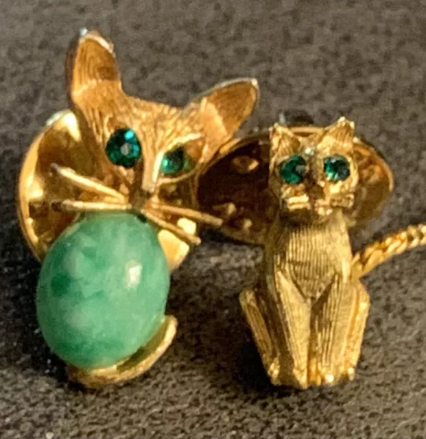 Vintage Cats Kittens Green Rhinestone Eyes Gold Tone Lapel Pins Tie Tac