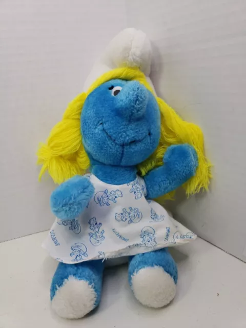 Vintage The Smurfs Smurfette Plush Doll 11” Stuffed In Smurfette Print Dress