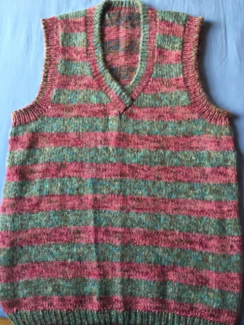 Hand Knitted Pink& Green Grey Striped Girls Ladies Thick Sleeveless Top Size S-M