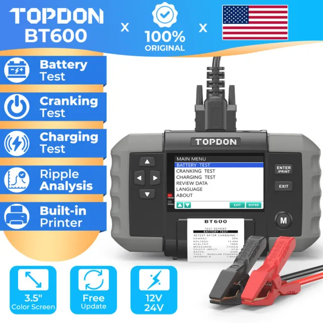 TOPDON BT600 12 24 Volt Car Truck Battery Tester with Printer 100-2000CCA