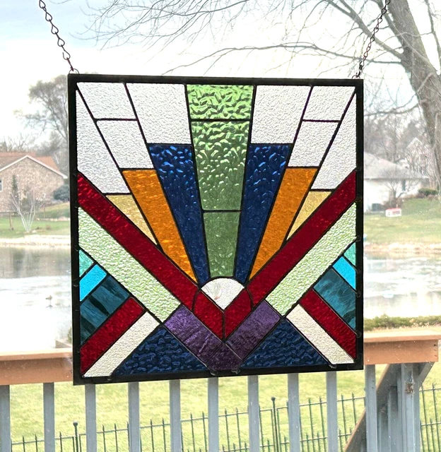 Stained glass panel window hanging Art Deco square 14x14