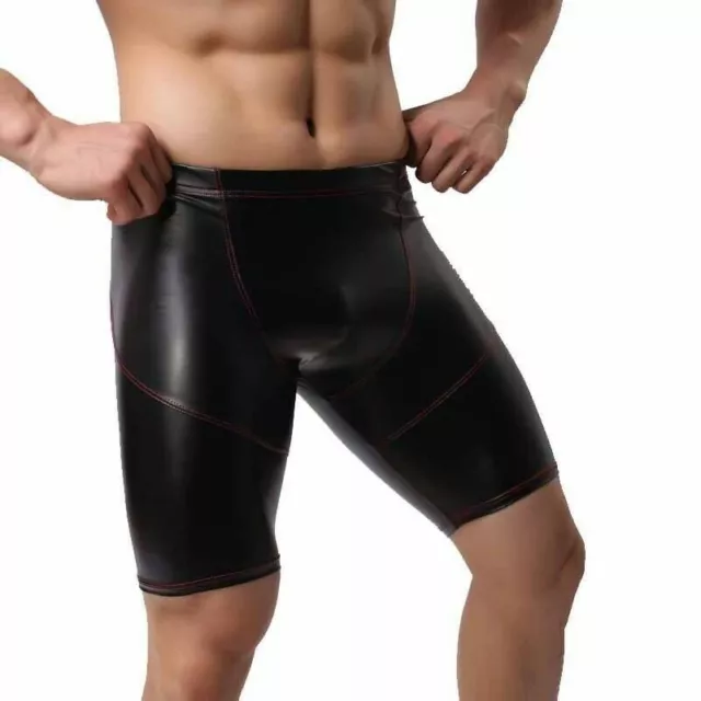 Uomo Nero Finto Pelle Pantaloncini Elasticizzati Pantaloni Metà Effetto Bagnato