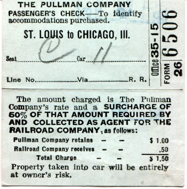 1929 - The Pullman Company Railroad Ticket - St Louis to Chicago