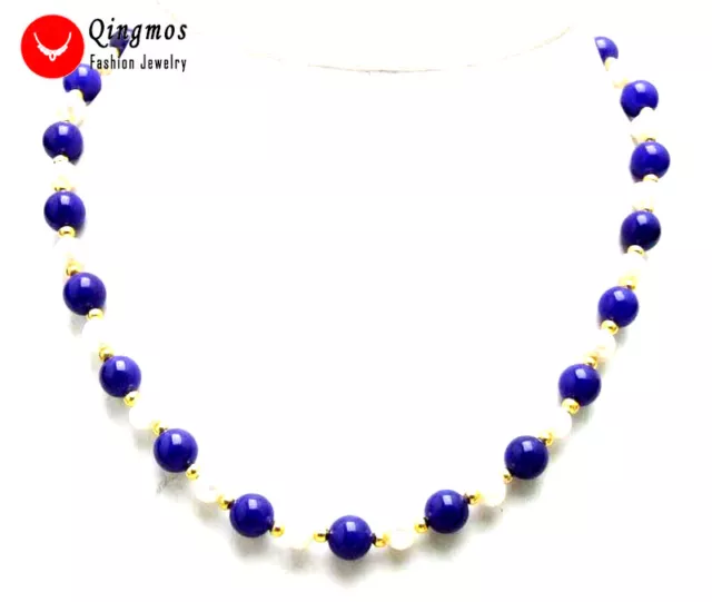 6-7mm Round Natural FW White Pearl Necklace for Women 8mm Blue Jade Chokers 17''