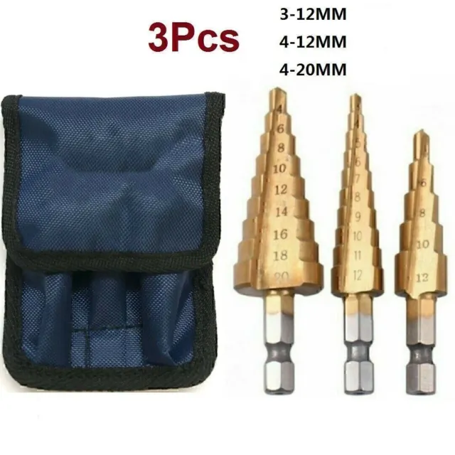 3Pc Large Hss Step Cone Drill Titanium Bit Set Hole Cutter 3 Piece + Blue Pouch