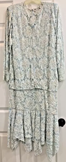 Vintage "Creative Creations" Blue/White Beaded Sequin Dress Fringe Hem SZ: L