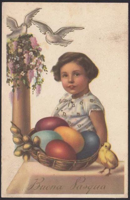 AX5105 Augurale, Buona Pasqua, Bimba, Colombe, Pulcini, 1941 Cartolina postale