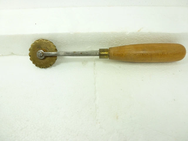 Antique Late 19th Century Pie Crimper Brass Wheel Forged Iron Bracket Maple Hand