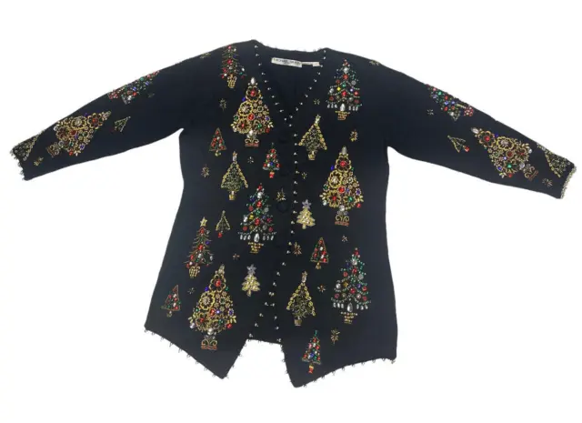 Vtg Michael Simon Jeweled Sweater Cardigan Womens Size 1 Black 90s Christmas AJ0