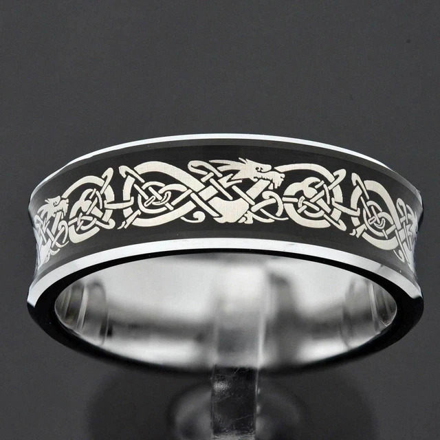 8mm White Tungsten Black IP Concave Center Dragon Celtic Men's Wedding Ring Band