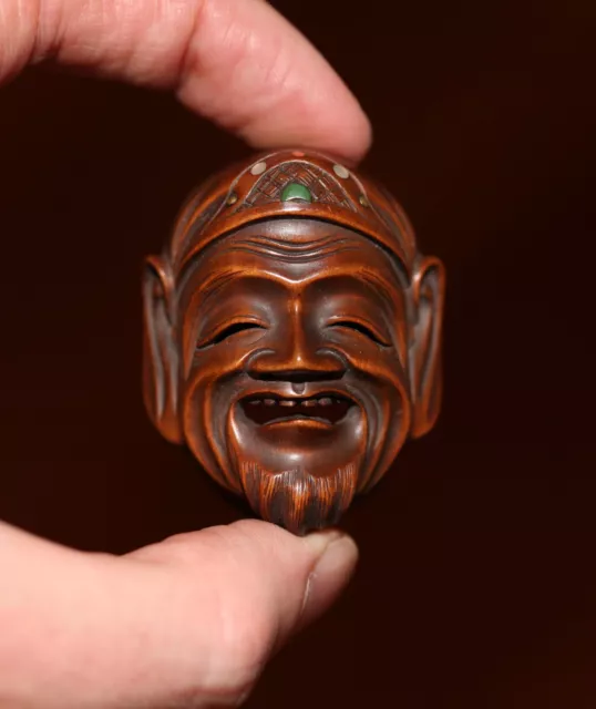 Antique Japanese carved shibayama Netsuke mask signed Chikuzan 19th Cent. MEIJI.