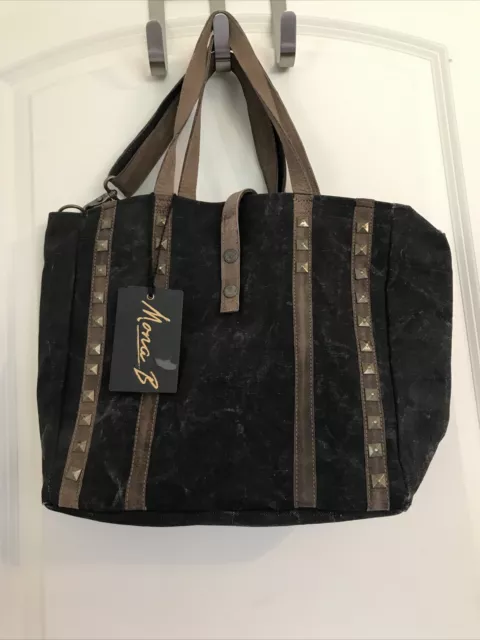NWT Mona B. Handbag Tote Bag Black Cotton Brown Leather Studded Large Crossbody