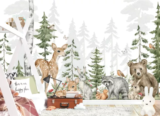 Woodland Forest Animals Trees Deer Rabbit Murals Fabric Removable Wallpaper