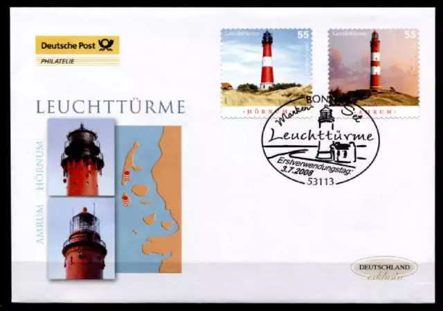 Leuchttürme: Warnemünde, Amrum. FDC(mh). Bonn. BRD 2008