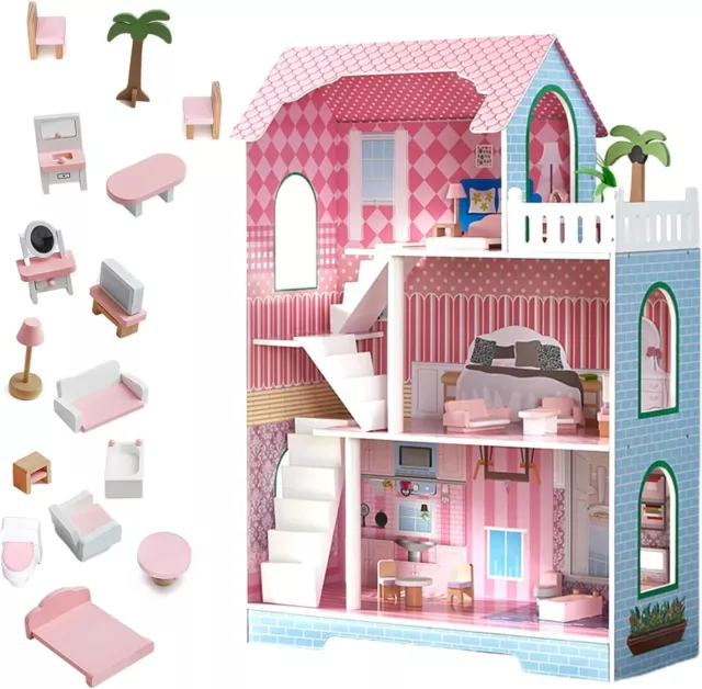 Wooden Kids 3 Storey Doll House With Furniture Accessories Mansion Playhouse Toy