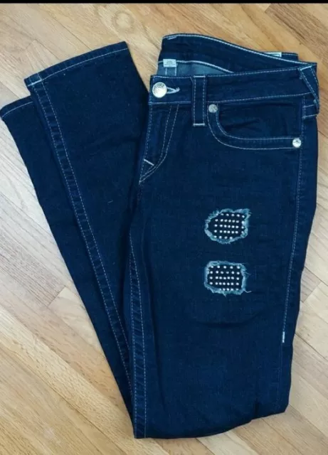 True Religion Distressed W/ Crystals Skinny Jeans Women's Size 30 Flap Pockets