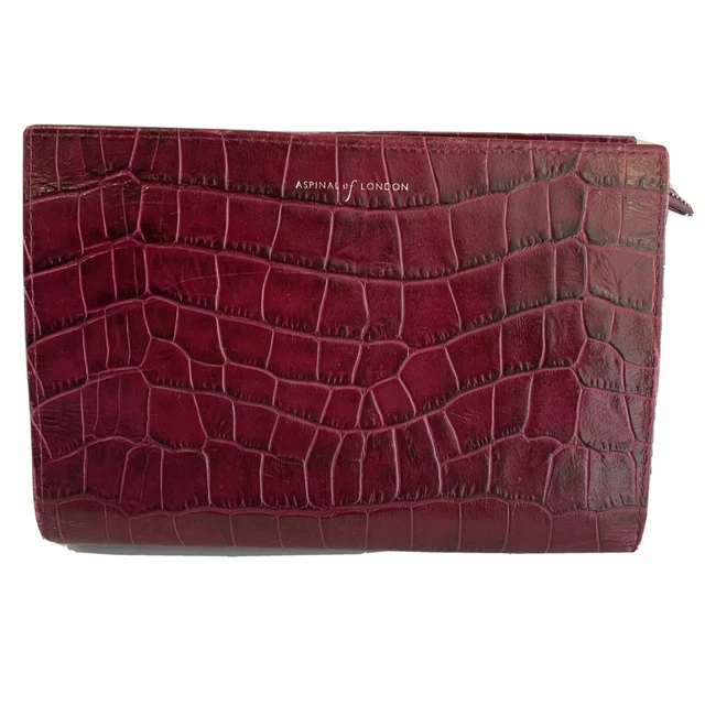 RARE ASPINAL OF LONDON Burgundy  LEATHER CROC TRAVEL cosmetic toiletry LARGE