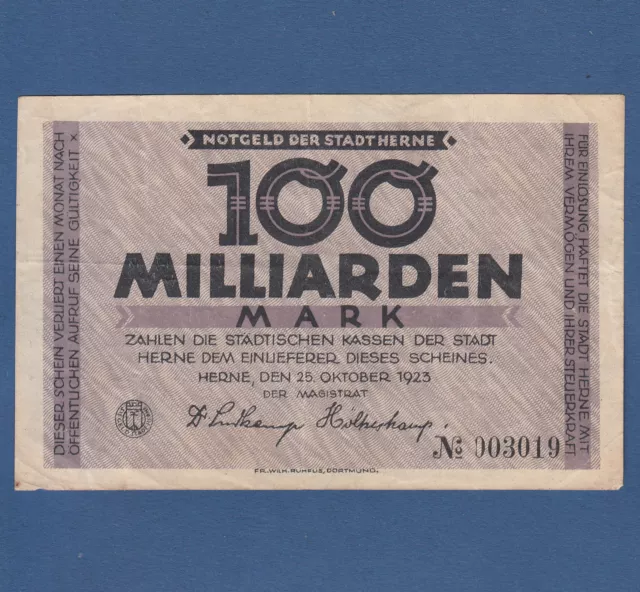 Stadt HERNE 100 Milliarden Mark 1923 III / VF