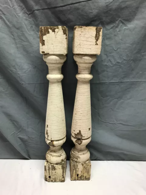 Vintage Pair Shabby White Wood Turned Spindle Porch Balusters Old 1592-23B